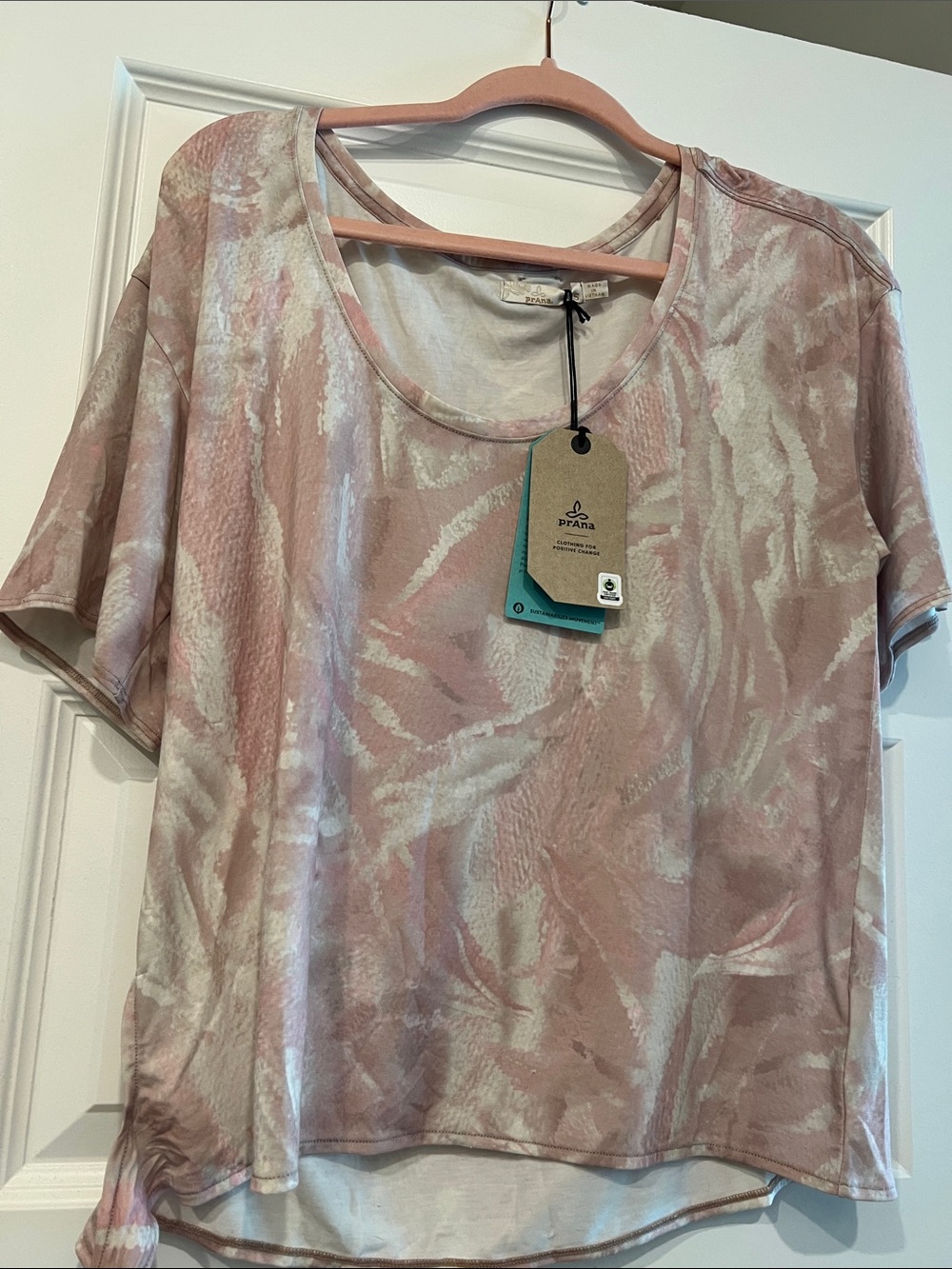 Prana Dusty Pink, Tan and Cream Short Sleeve Scoop Neck Tee with Side Tie